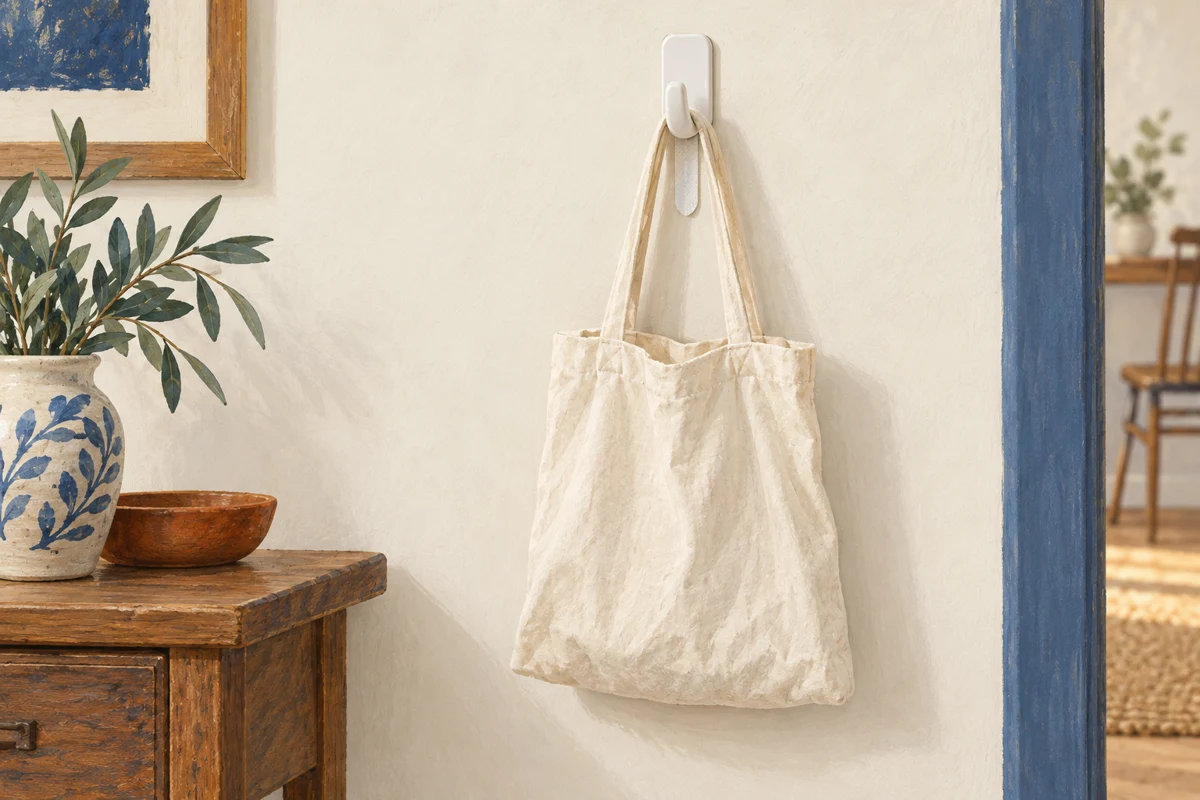 Illustration of a fabric bag hanging from an adhesive wall hook