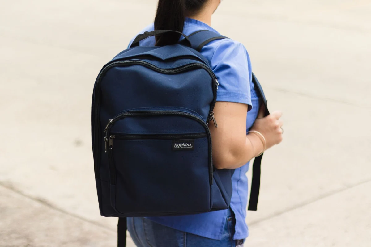 A person wearing a backpack with adjustable straps