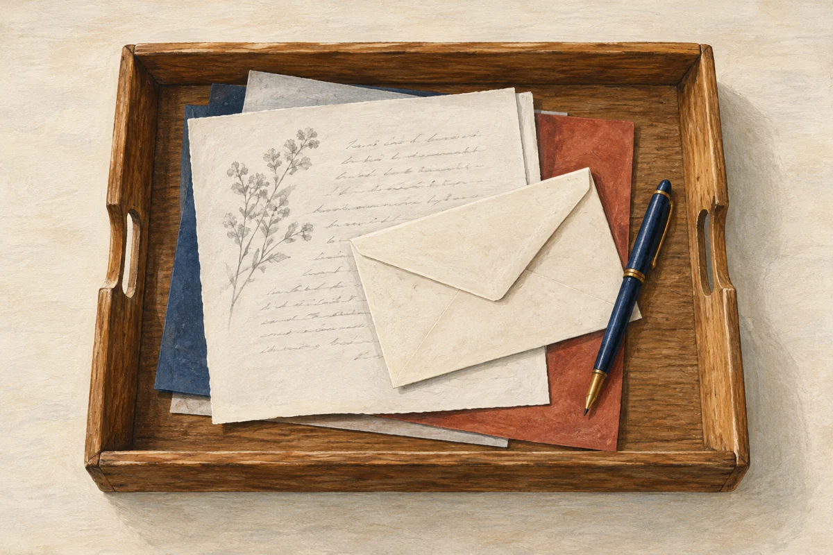 Illustration of a desk tray holding a small group of papers