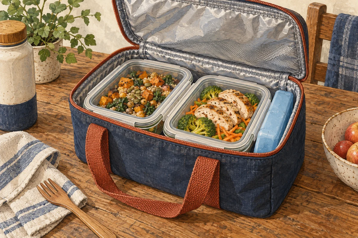 Illustration of a lunch bag fitted around its food containers