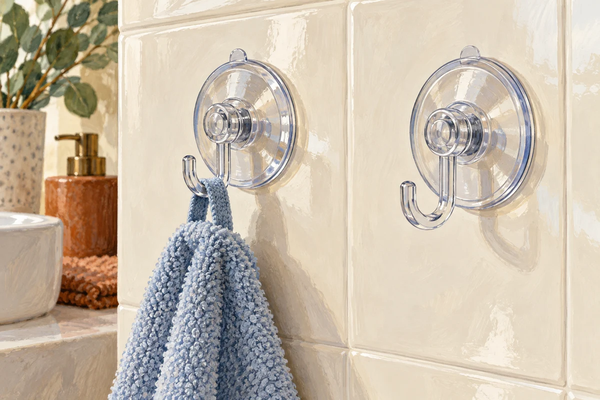 Illustration of suction hooks attached to smooth tiles