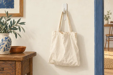 Illustration of a fabric bag hanging from an adhesive wall hook