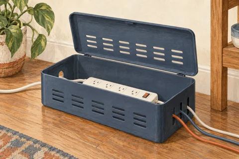 Illustration of a ventilated box holding a power strip and cables