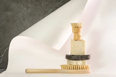 Brushes and soap arranged for household cleaning