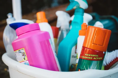 Cleaning supplies gathered in a bucket