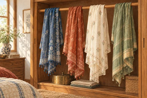 Illustration of dupattas hung separately in a wardrobe