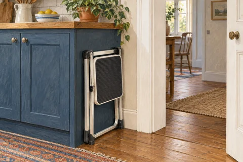 Illustration of a folding stool beside a storage space