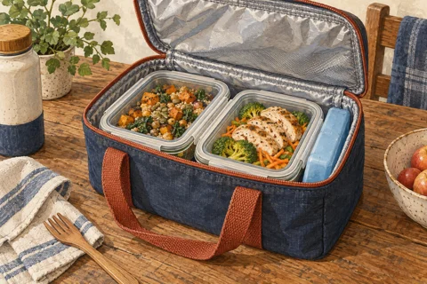 Illustration of a lunch bag fitted around its food containers