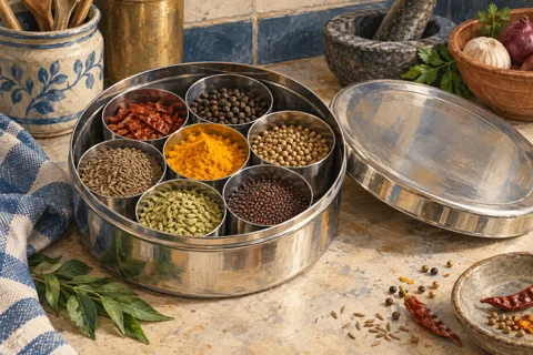Illustration of an open masala dabba with separate spice cups