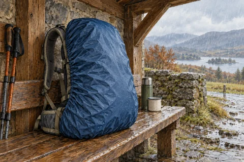 Illustration of a backpack protected by a rain cover