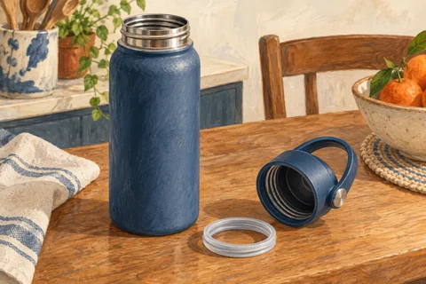 Illustration of a reusable bottle with a separate lid and seal