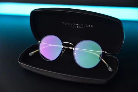 Eyeglasses sitting inside their case