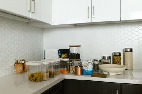 Food storage containers and lids on a counter