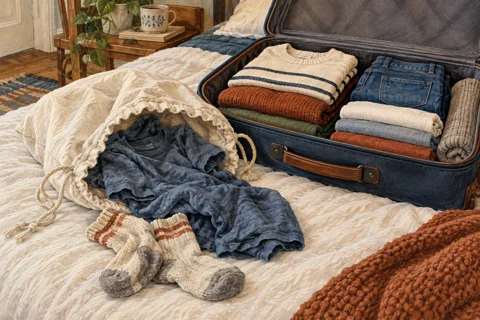 Illustration of a laundry pouch kept apart from clean clothing