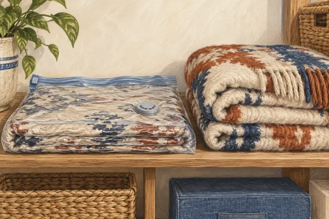 Illustration of compressed textiles in a vacuum storage bag